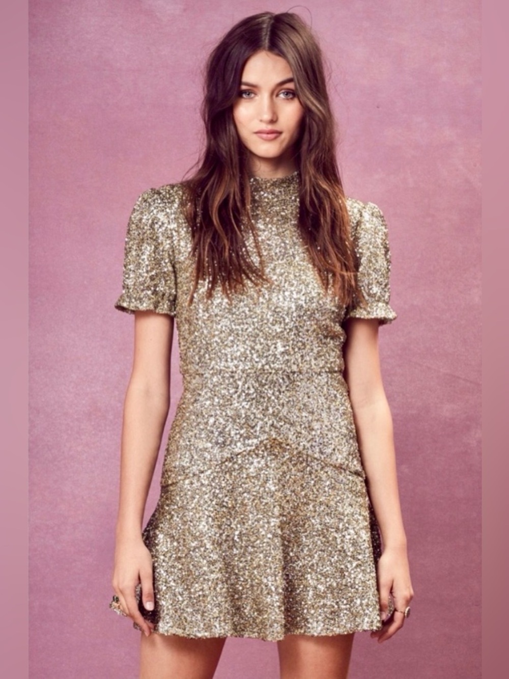 For Love and Lemons Eloise gold sequin dress w ruffle skirt size Small
